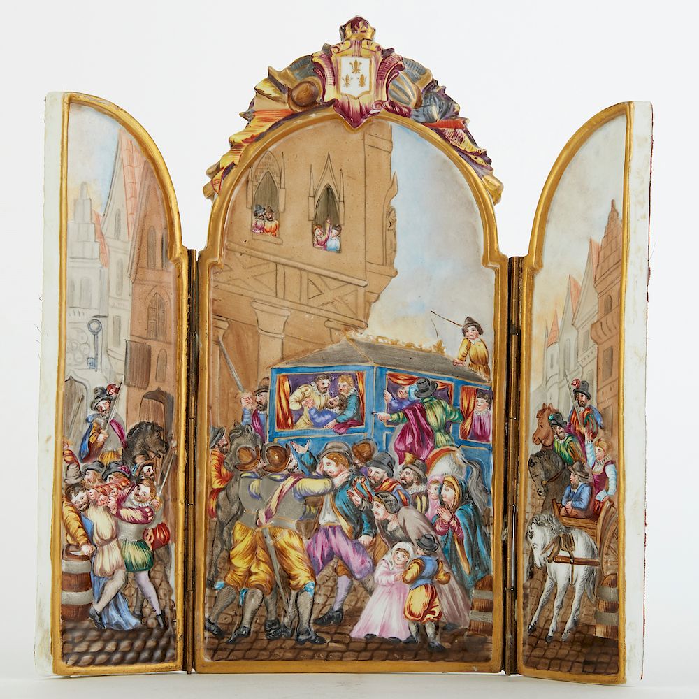 Appraisal: Capodimonte Porcelain Triptych Capodimonte porcelain triptych depicting a scene of