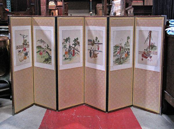 Appraisal: A mid-size six-panel embroidered cloth screen Depicting children in traditional