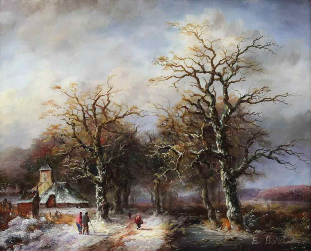 Appraisal: E BORID TH CENTURY AMERICAN WINTER LANDSCAPE Oil on panel