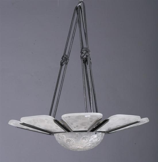 Appraisal: ART DECO FLOWER-HEAD FORM NINE-LIGHT CHANDELIER early th century With