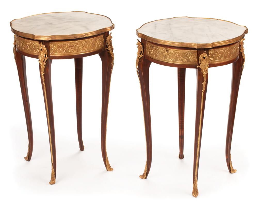 Appraisal: Pair of Louis XV-Style Bronze-Mounted Tables inset white marble top