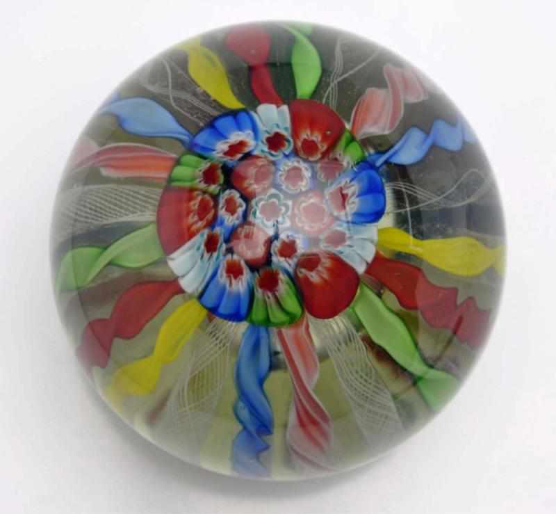 Appraisal: Large Millefiori Ribbon Paperweight Description Ribbons and latticino bands on