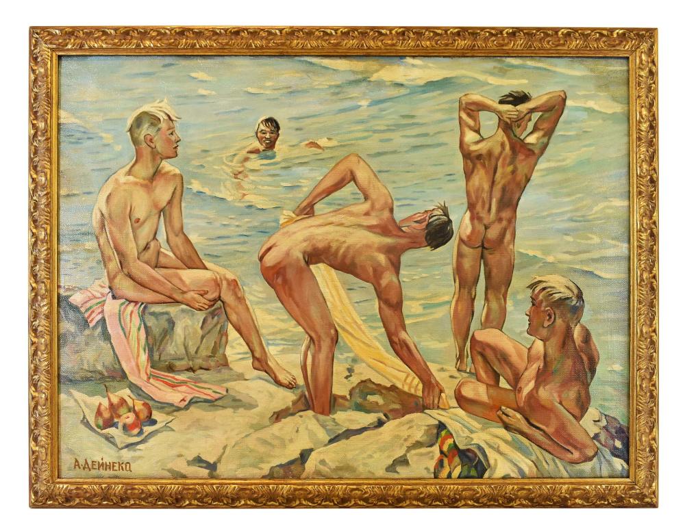 Appraisal: RUSSIAN SCHOOL TH CENTURY PAINTINGYoung Men Bathing Signed in Cyrillic