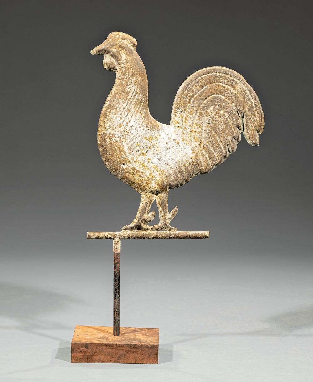 Appraisal: Patinated Tin Rooster Weathervane on wooden block with metal display