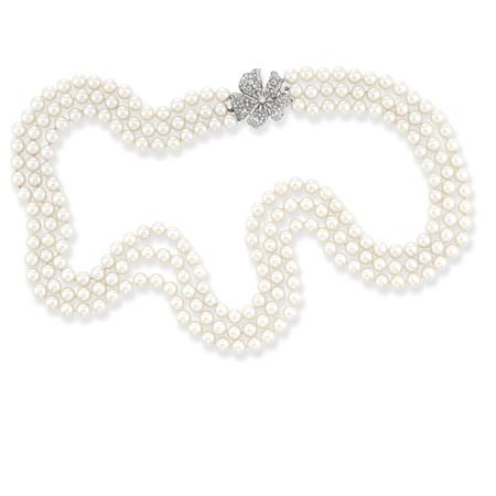 Appraisal: Long Triple Strand Cultured Pearl Necklace with Diamond Flower Clasp