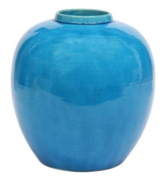 Appraisal: Chinese porcelain ovoid jar all-over turquoise glaze incised apocryphal Kangxi