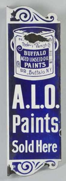 Appraisal: Porcelain Buffalo Paints -Sided Flange Sign Description Paint chipping throughout