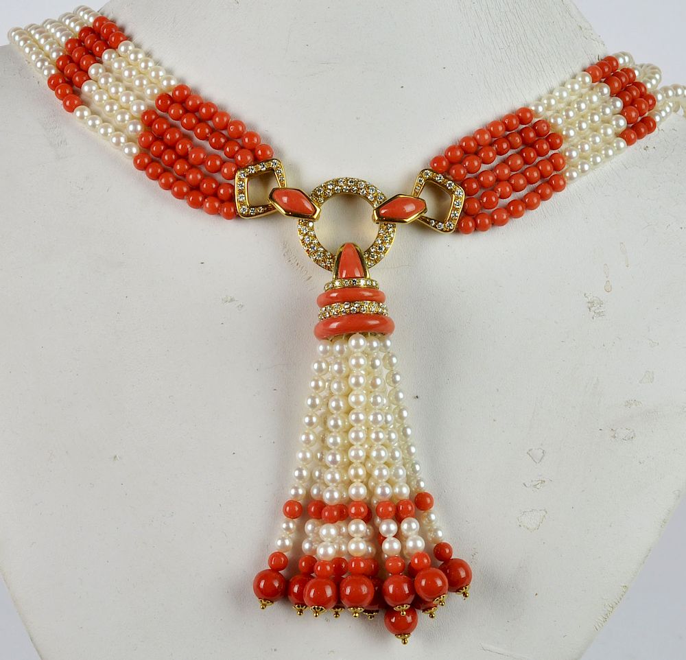 Appraisal: Extraordinary Diamond Coral Pearl Necklace Diamond coral cultured pearl necklace