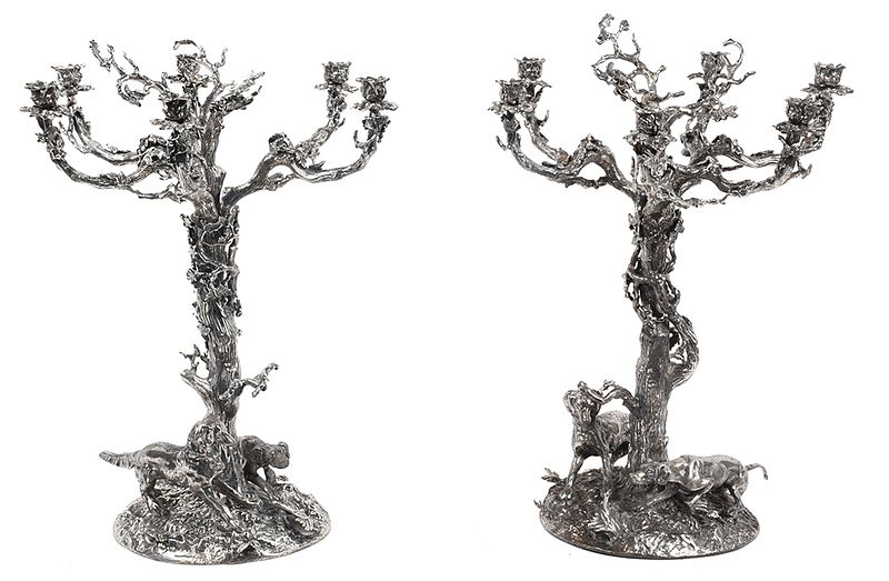 Appraisal: Pair of Monumental Sporting Silver Plate Epergnes probably English late