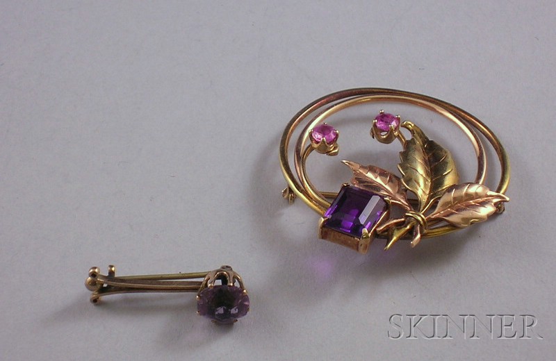 Appraisal: Two Gold and Gemstone Brooches a kt gold and gemstone