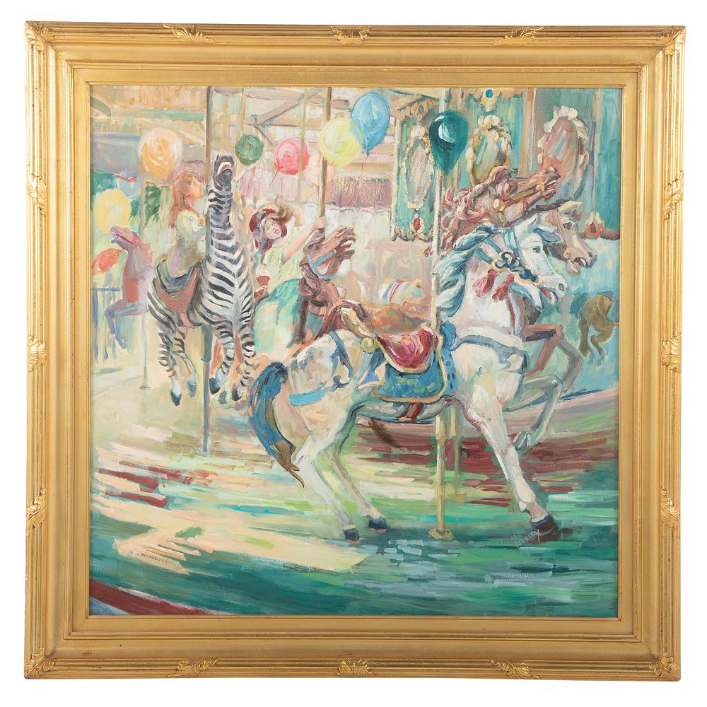 Appraisal: Barbara Pugsley Carousel oil on canvas American b Signed Barbara