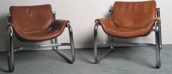 Appraisal: Pair Maurice Burke Leather and Chrome Sling Arm Chairs s