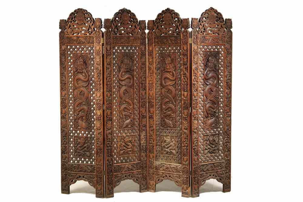 Appraisal: CHINESE CARVED SCREEN - Four-Fold Carved and Reticulated Chinese Screen