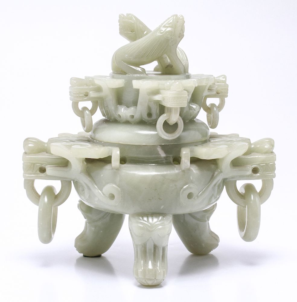 Appraisal: Chinese Carved Green Jade Incense Burner Chinese carved green jade