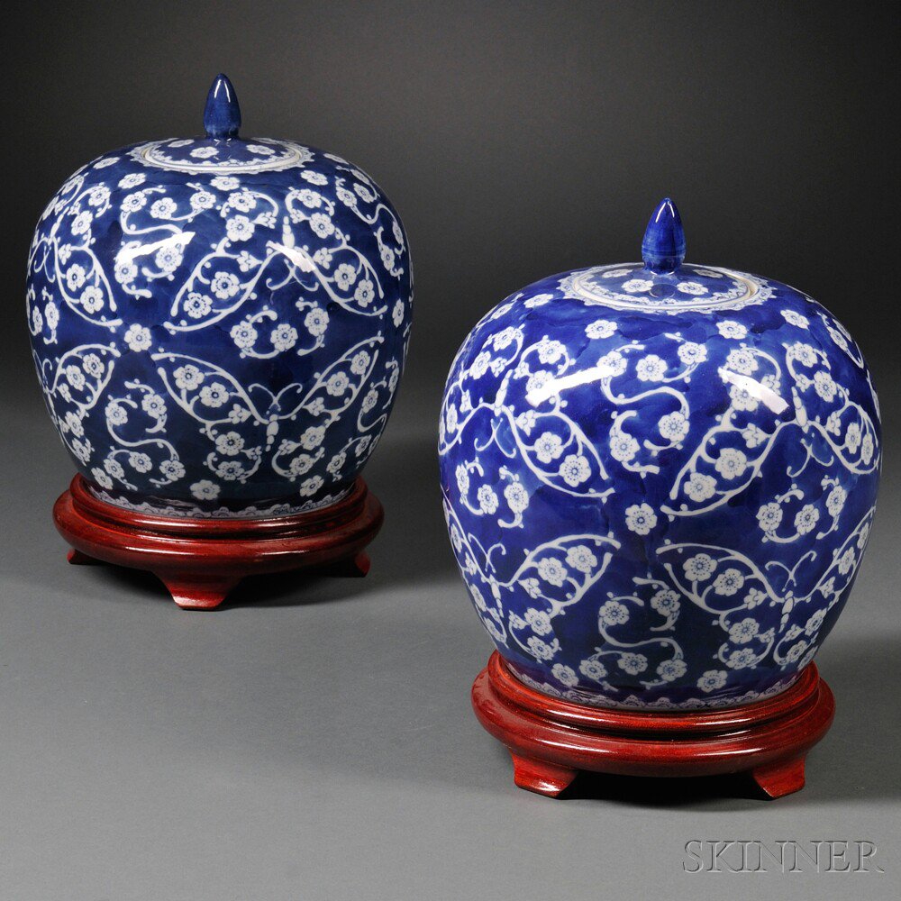 Appraisal: Pair of Blue and White Jars China bulbous-shape decorated with