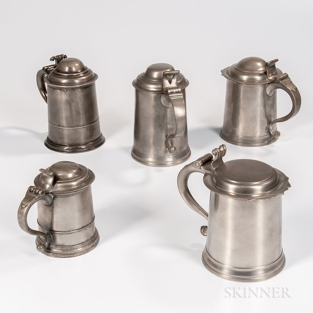 Appraisal: Five Early Pewter Tankards Five Early Pewter Tankards probably England