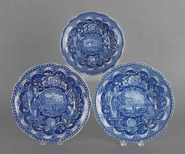 Appraisal: Three Historical blue Staffordshire America and Independence shallow bowls th