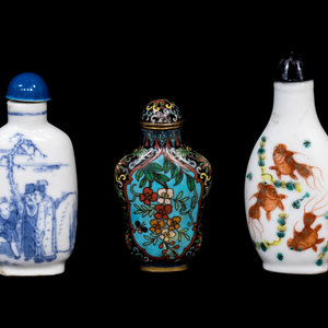 Appraisal: Three Chinese Snuff Bottles th th Century comprising a blue