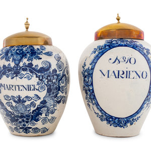 Appraisal: Two Delft Blue and White Tobacco Jars One Example Possibly