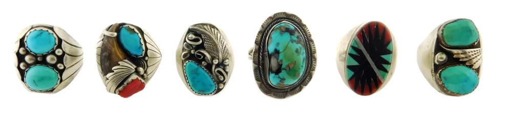 Appraisal: Six Southwestern style silver rings with inlaid turquoise all tested