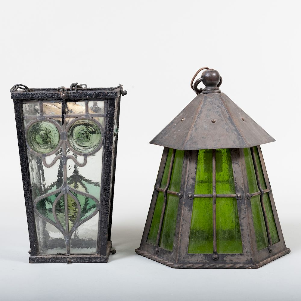 Appraisal: Two Arts and Crafts Style Metal and Stained Glass Lanterns