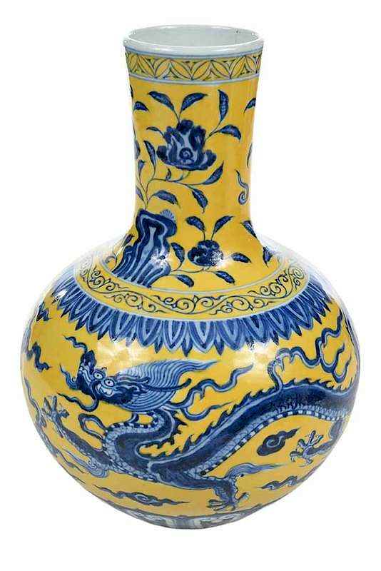 Appraisal: Chinese Yellow and Blue Dragon and Phoenix Vase th century