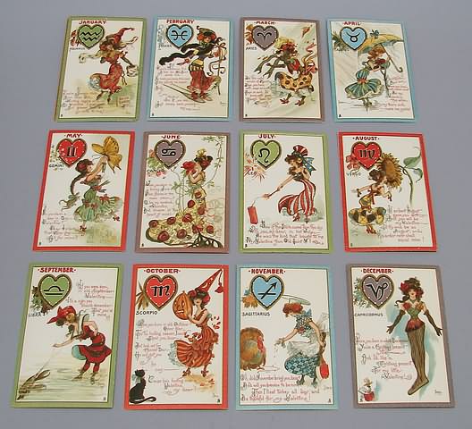 Appraisal: Complete set of postcards from the Zodiac Series of Valentine