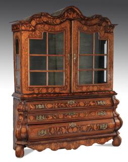 Appraisal: Dutch inspired marquetry inlaid cabinet h Dutch style marquetry inlaid