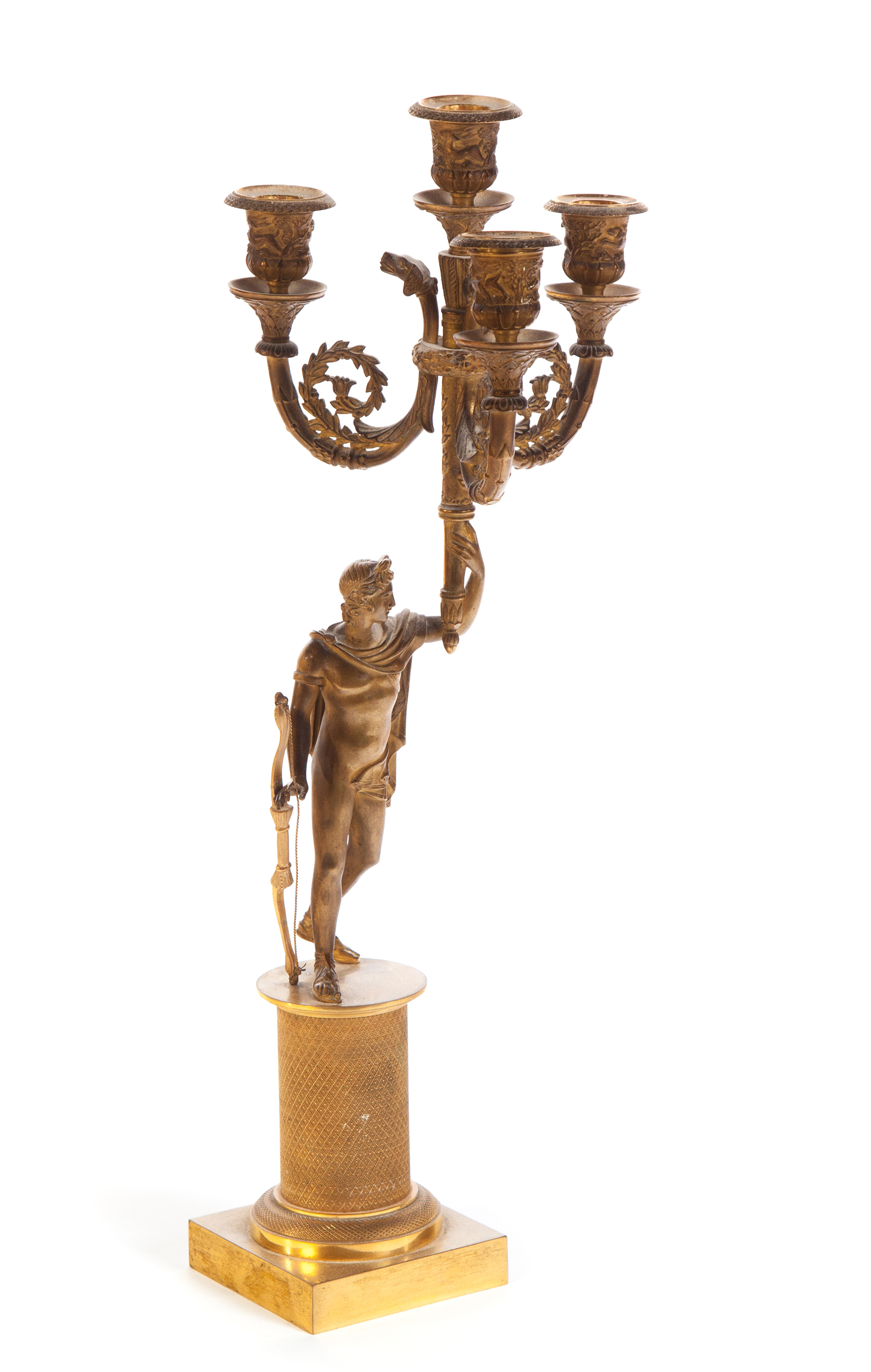 Appraisal: REGENCY-STYLE FIGURAL CANDELABRA Marked Austria ca Fire gilded bronze with