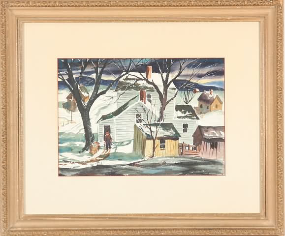 Appraisal: Nocturnal winter scene with figure at door watercolor x sight