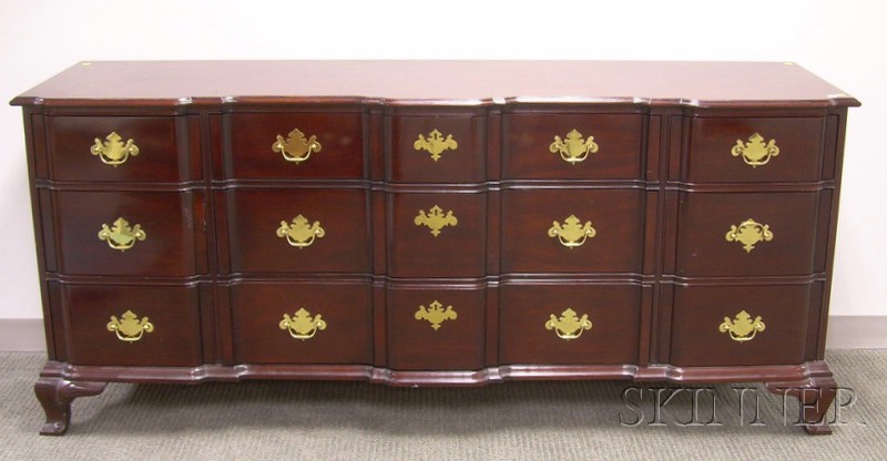 Appraisal: Kindel Chippendale-style Carved Mahogany Nine-Drawer Blockfront Dresser branded mark ht