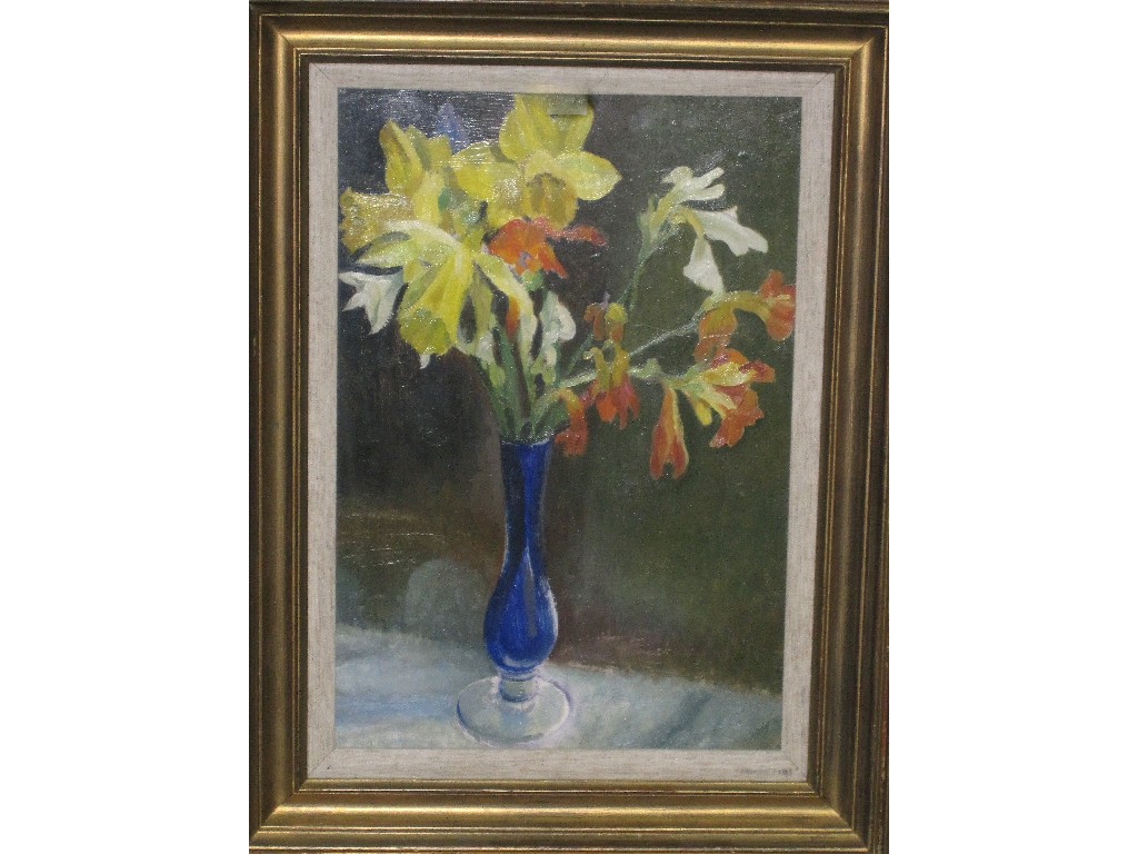 Appraisal: Oil on board 'Daffodils' in a blue vase unsigned