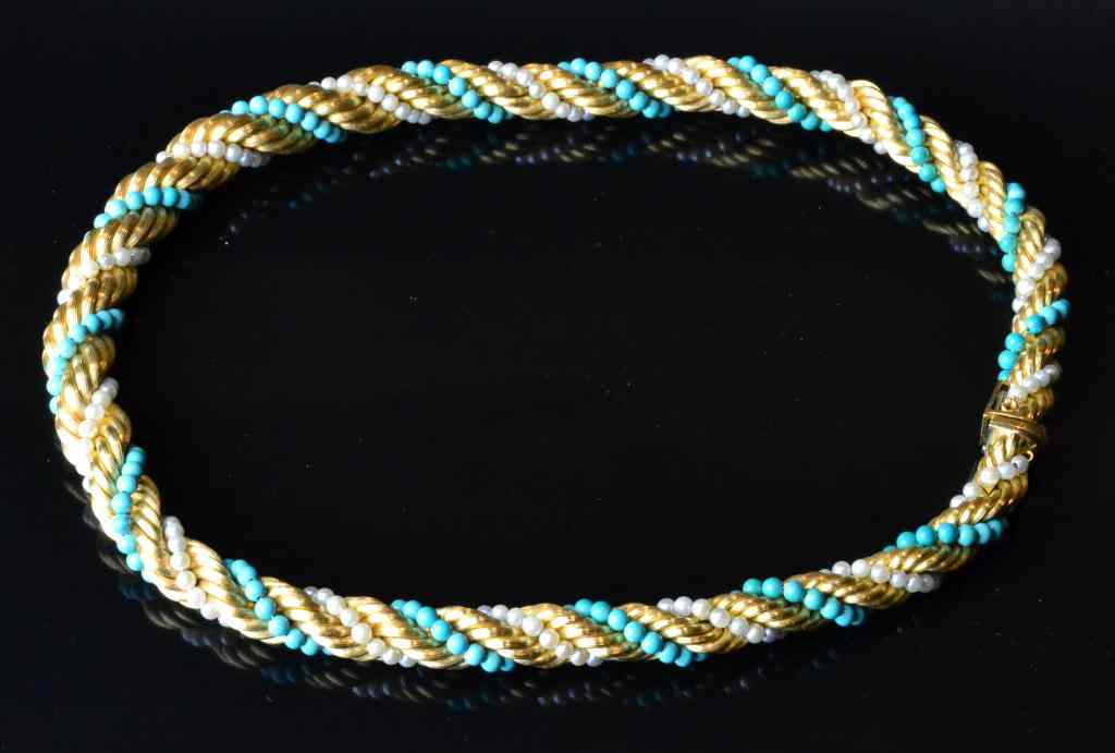 Appraisal: K Gold-Seed Pearl-And Turquoise NecklaceFashioned of K strands of gold