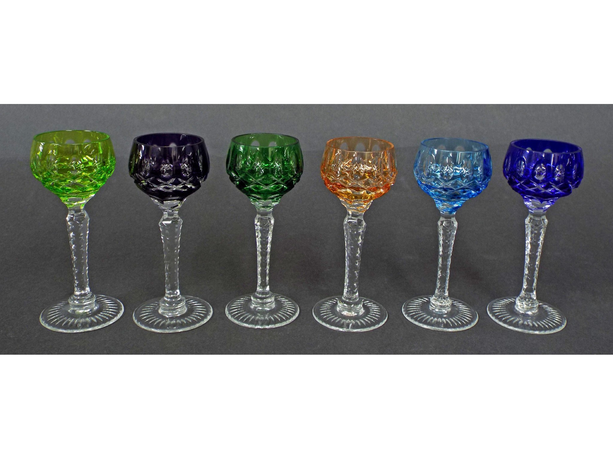 Appraisal: Set of six coloured crystal hock glasses each high