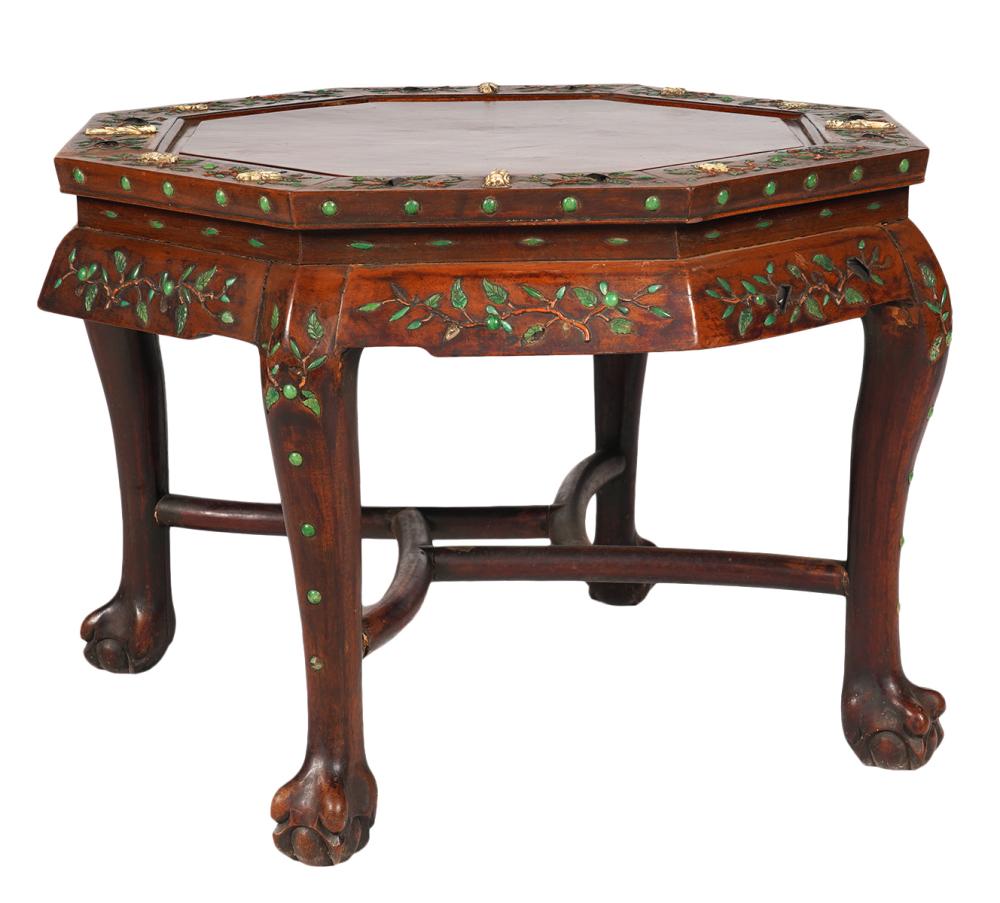 Appraisal: CHINESE OCTAGONAL LOW TABLE WITH HARDSTONE INSETSChinese octagonal low wood