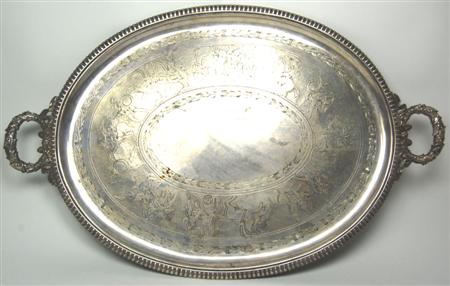 Appraisal: A large silver plated twin handled tray of oval outline