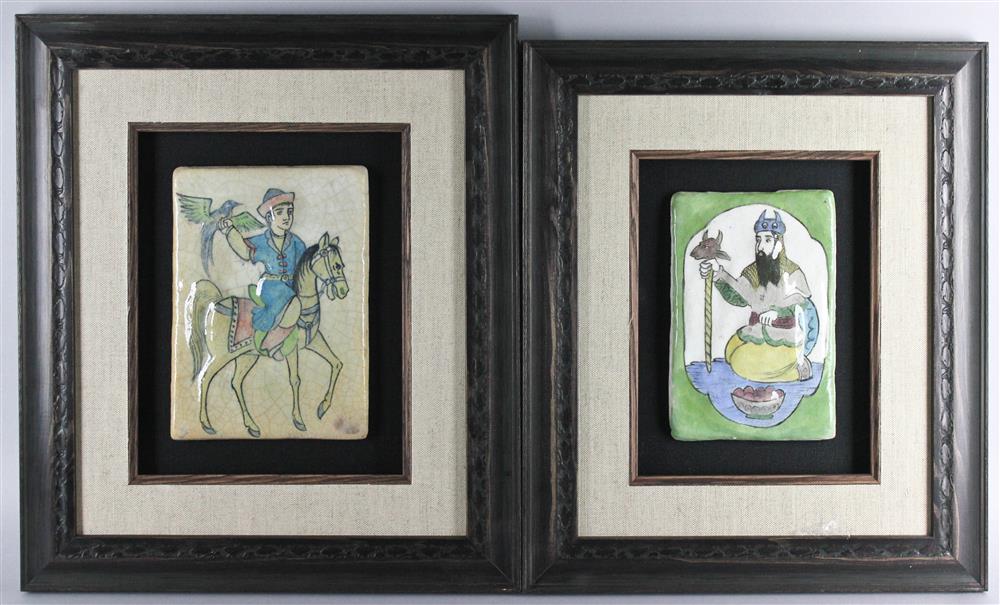 Appraisal: TWO FRAMED CERAMIC PAINTED TILES WITH PERSIAN FIGURES largest x