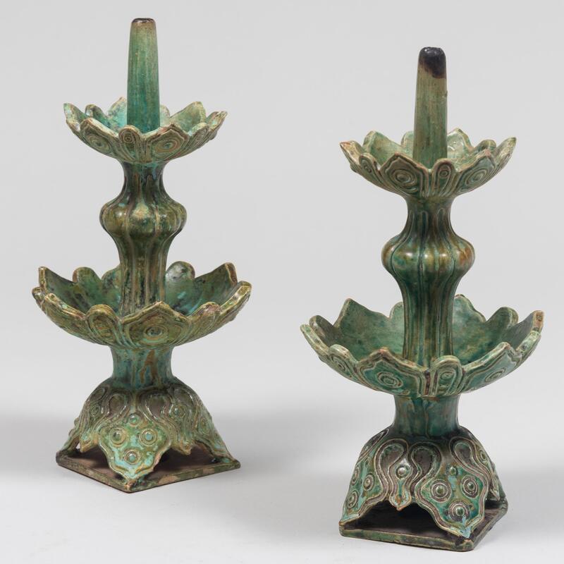 Appraisal: Pair of Asian Green Glazed Pottery Pricket Sticks Unmarked x