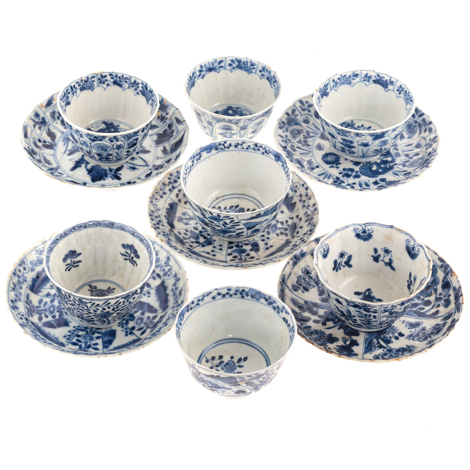 Appraisal: CHINESE EXPORT BLUE WHITE CUPS SAUCERS Kang Xi circa -