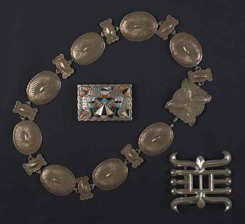 Appraisal: Silver concha belt together with a Zuni belt buckle and