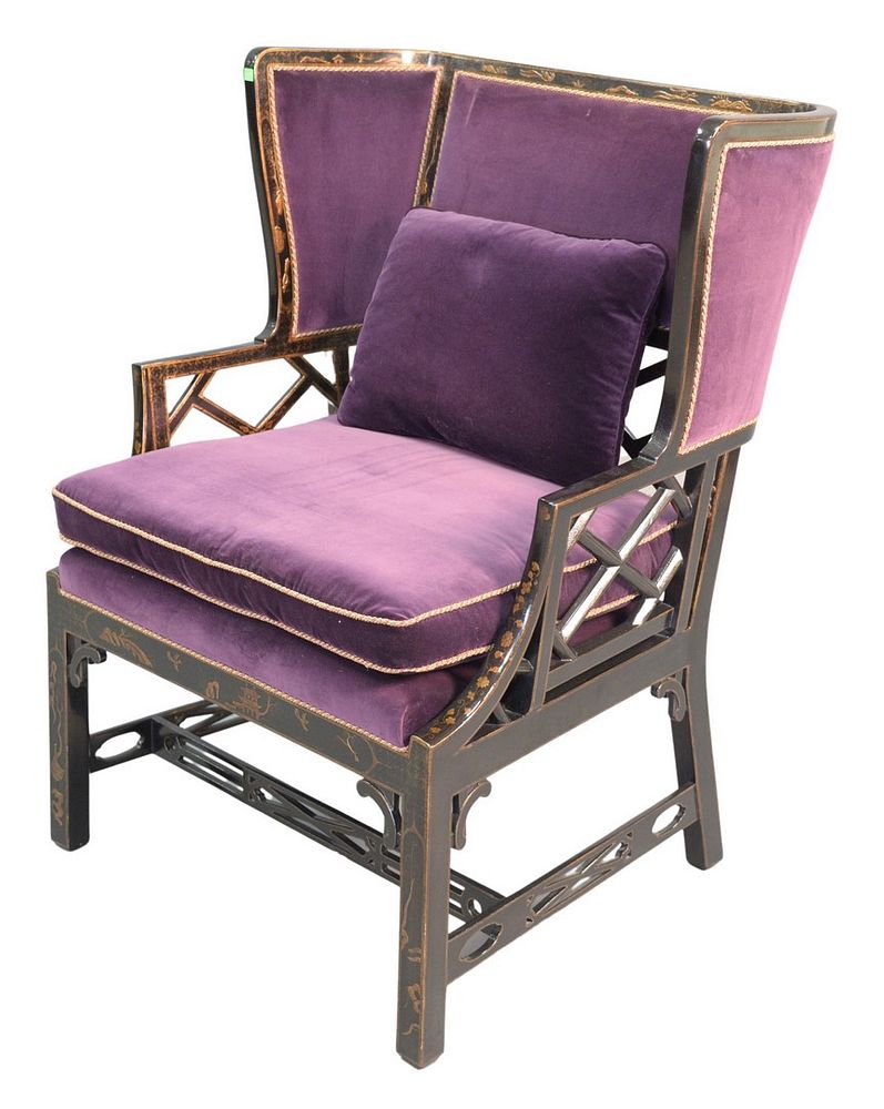 Appraisal: Chinese Style Arm Chair having custom upholstery and chinoiserie decorated