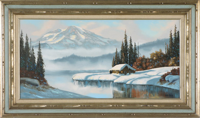 Appraisal: PAUL CHALK OIL ON CANVAS Winter landscape with log cabin