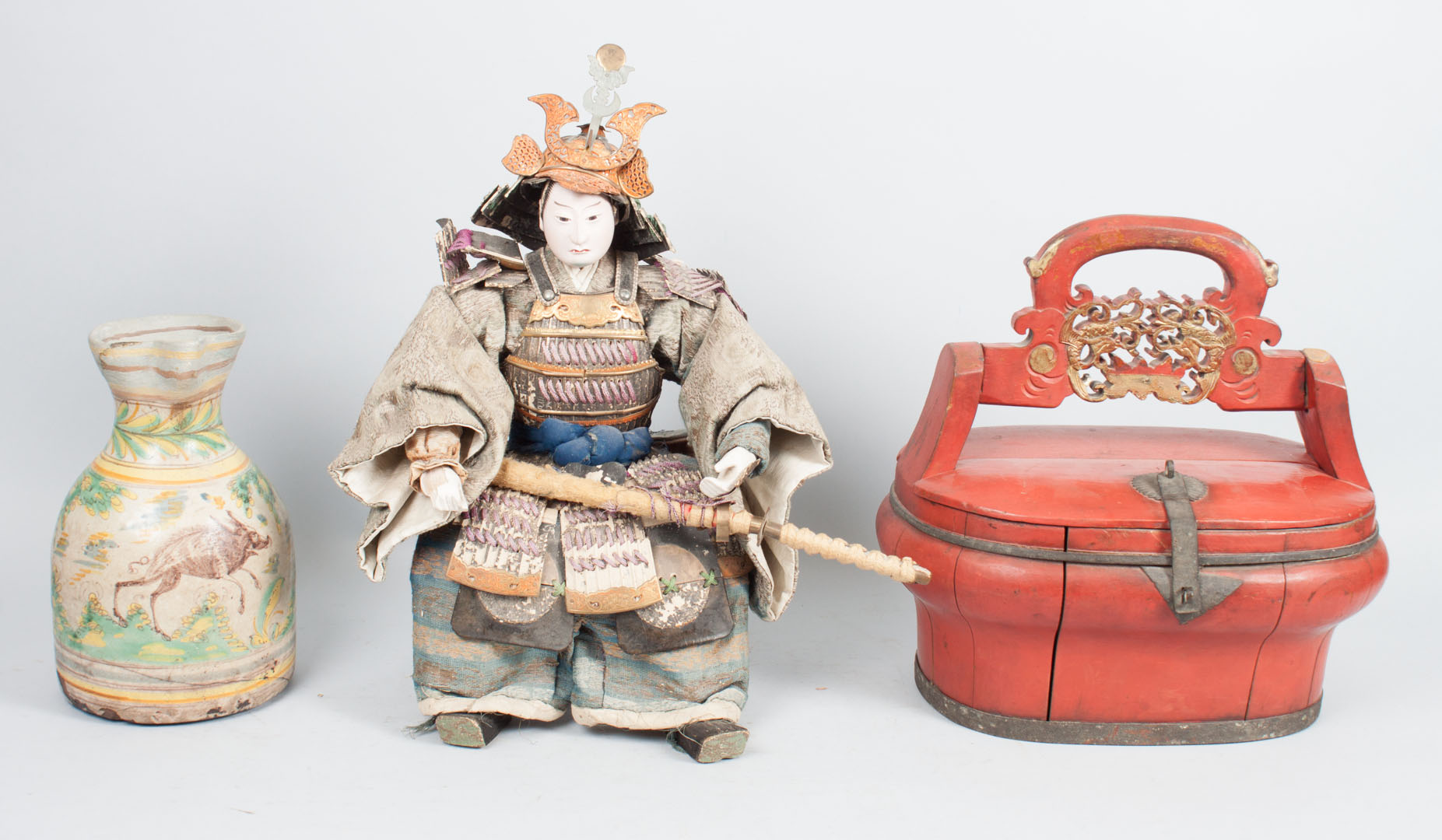 Appraisal: Japanese wood lunch pail Samurai doll redwood lunch pail seated