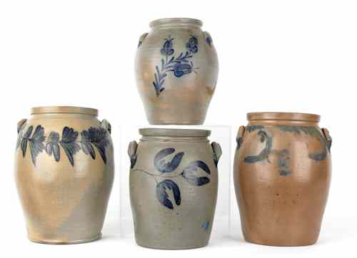 Appraisal: Four American stoneware crocks th c with cobalt floral decoration