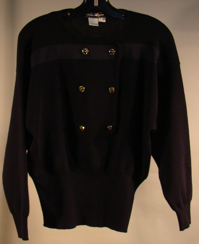 Appraisal: SALVATORE FERRAGAMO Wool Coat Black Gold Buttons Grosgrain Ribbon trim