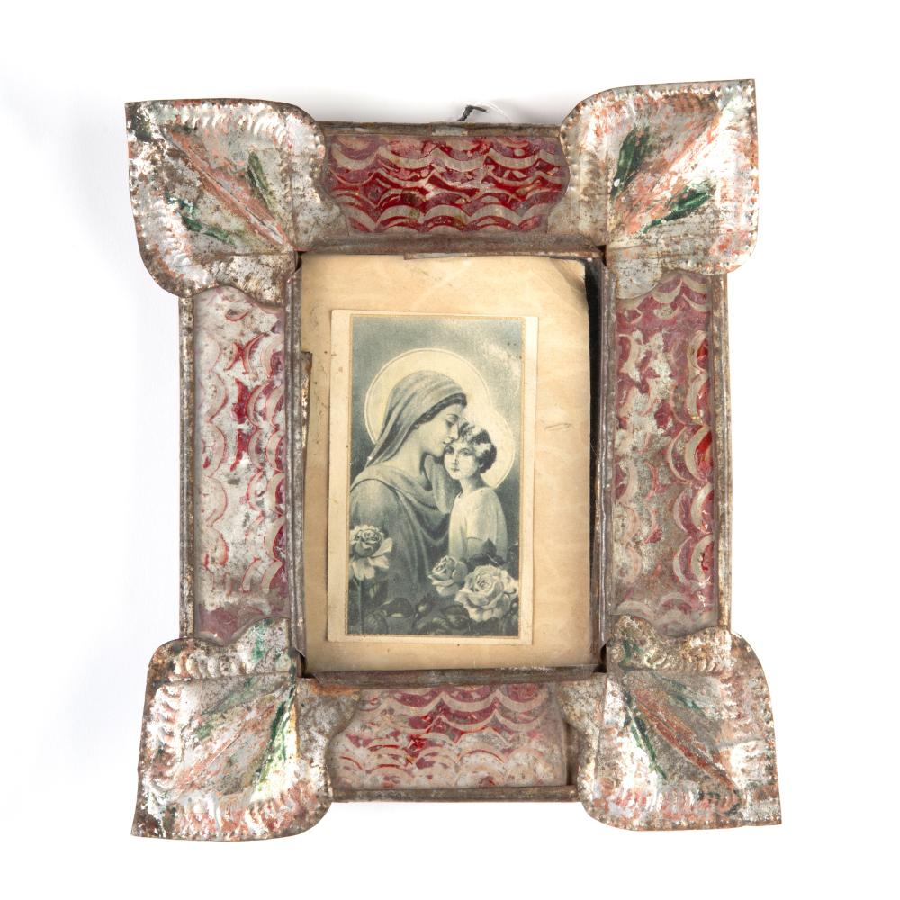 Appraisal: ATTRIBUTED TO MESILLA COMB PAINTED TINSMITH TIN FRAME WITH DEVOTIONAL