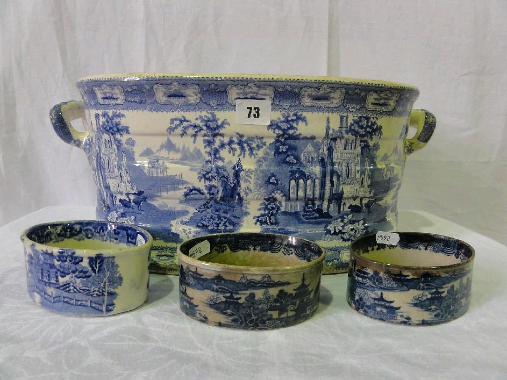 Appraisal: A th century blue and white printed two handled foot