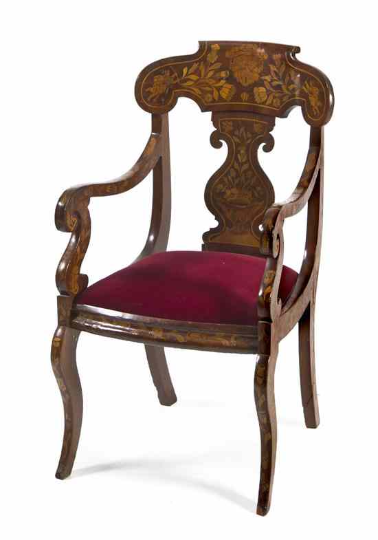 Appraisal: A Dutch Marquetry Open Armchair having a shaped crest rail