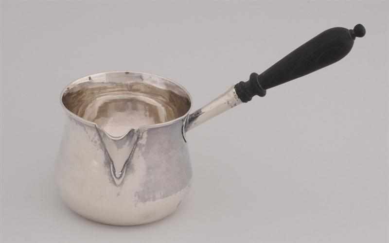 Appraisal: AMERICAN SILVER BRANDY WARMER WITH WOOD HANDLE Maker's mark TH