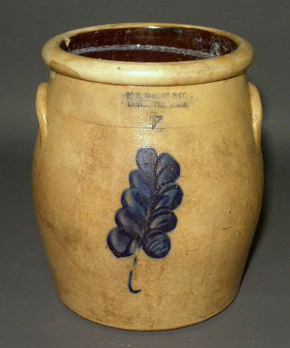 Appraisal: Four-gallon stoneware jar with applied handles and blue decoration signed